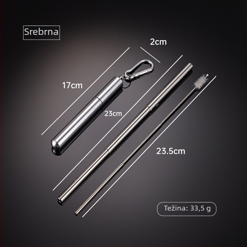 En 304 nehrđajući čelik teleskopska slamka s okruglim dnom, višebojni aluminijski kućište i karabiner – prijenosni set slamke