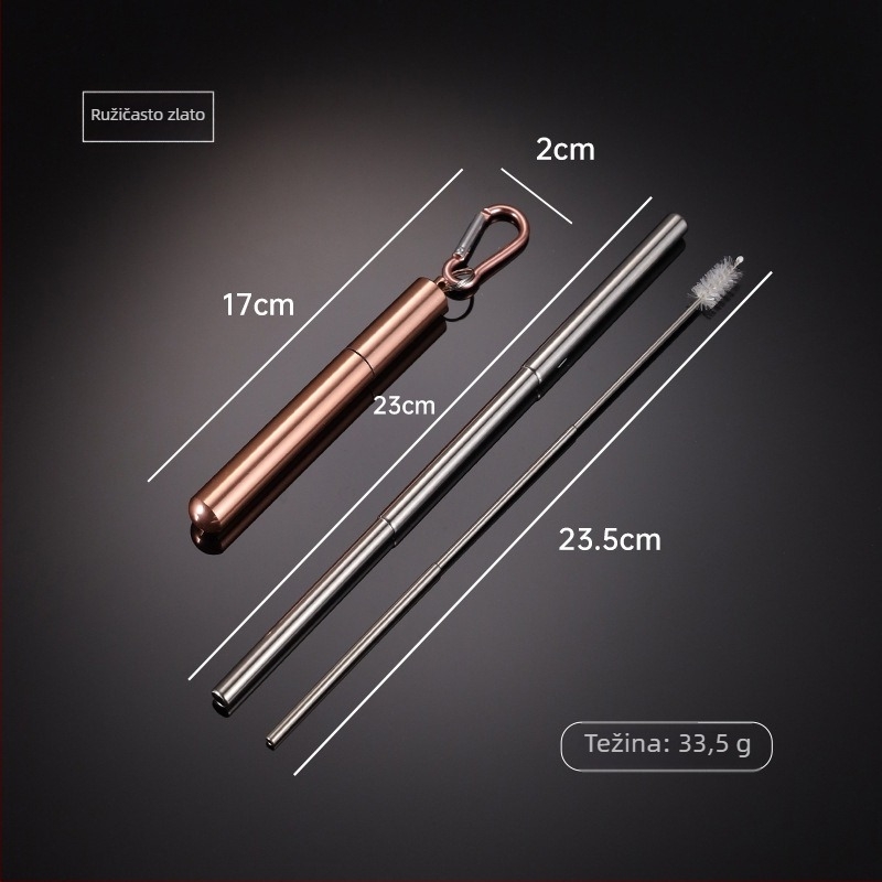En 304 nehrđajući čelik teleskopska slamka s okruglim dnom, višebojni aluminijski kućište i karabiner – prijenosni set slamke