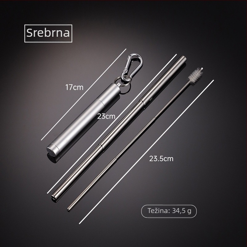 En 304 nehrđajući čelik teleskopska slamka s okruglim dnom, višebojni aluminijski kućište i karabiner – prijenosni set slamke