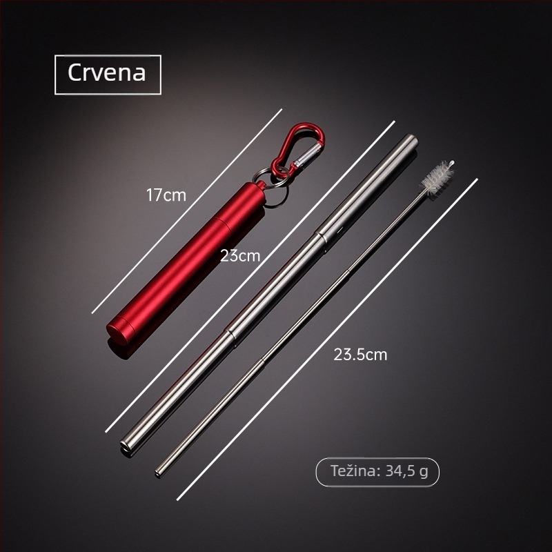 En 304 nehrđajući čelik teleskopska slamka s okruglim dnom, višebojni aluminijski kućište i karabiner – prijenosni set slamke
