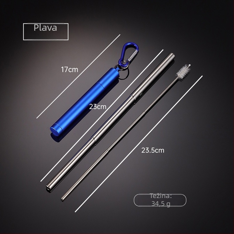 En 304 nehrđajući čelik teleskopska slamka s okruglim dnom, višebojni aluminijski kućište i karabiner – prijenosni set slamke