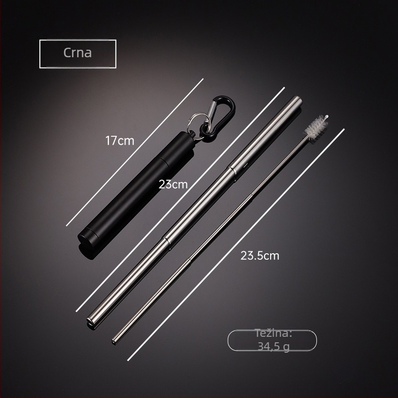 En 304 nehrđajući čelik teleskopska slamka s okruglim dnom, višebojni aluminijski kućište i karabiner – prijenosni set slamke