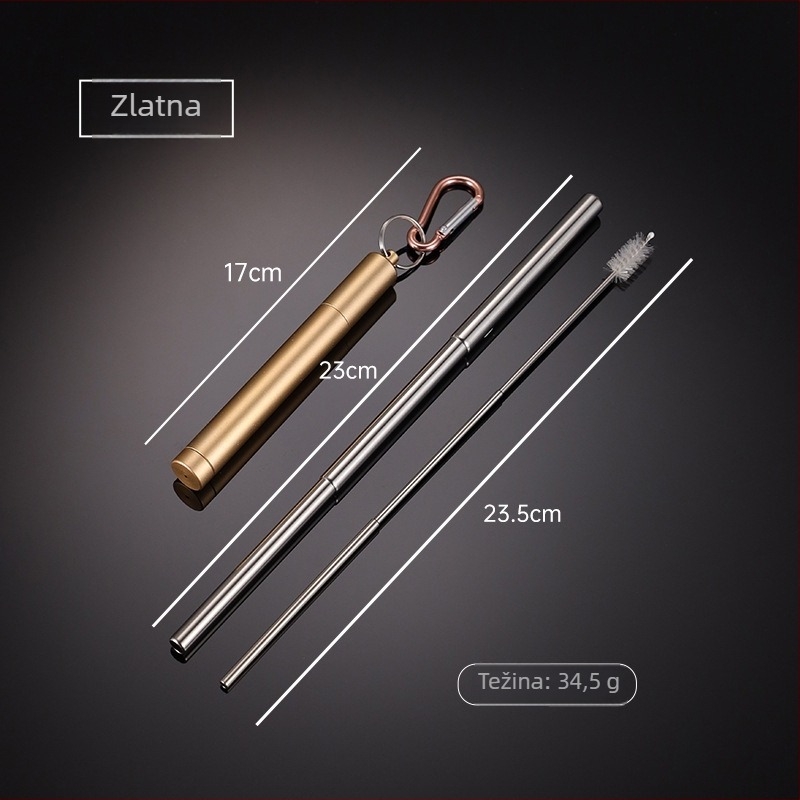 En 304 nehrđajući čelik teleskopska slamka s okruglim dnom, višebojni aluminijski kućište i karabiner – prijenosni set slamke