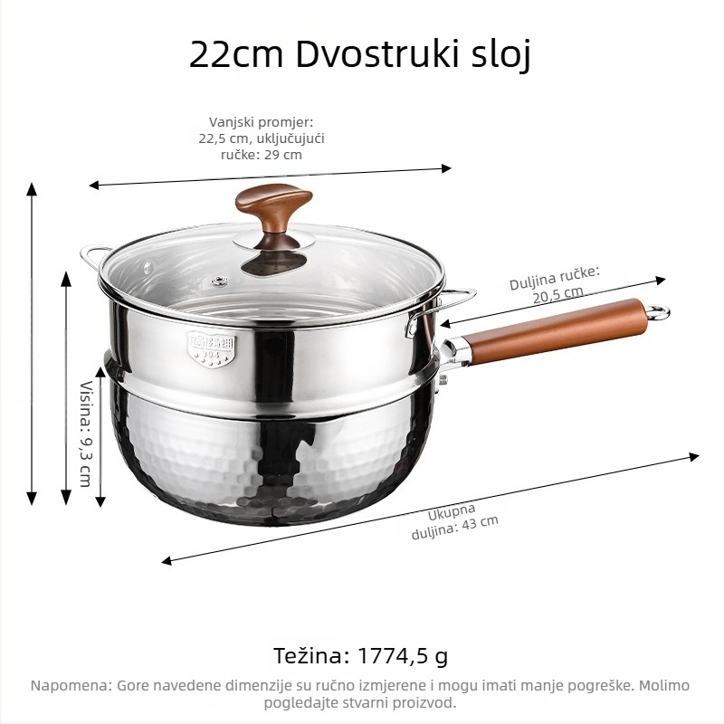 316L nehrđajući čelik Yukihira lonac s drvenom ručkom, kućni lonac za juhu s dvostrukim parnim slojem, lonac za dječju hranu