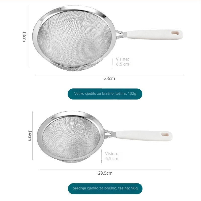 Sito za brašno bez drške od nehrđajućeg čelika 304, dvostruki sloj, 30-mrežno, ručni alat za pečenje, sito za šećer u prahu, dimenzije 18 cm, 14 cm i 10 cm
