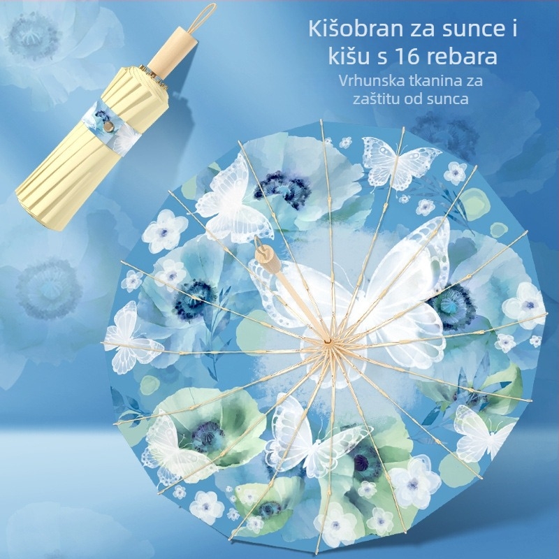 Sunčanik u kineskom stilu s leptir dizajnom, 16 rebara, dvostruka namjena sunce/kiša, UV zaštita, ojačana sklopiva konstrukcija