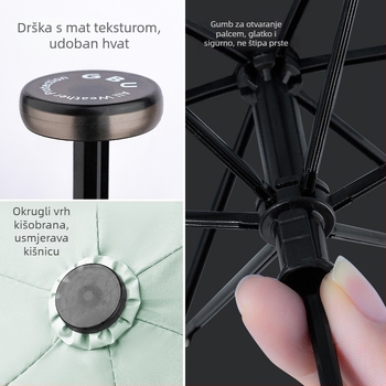 Ultra lagani kompaktni kišobran s UV zaštitom UPF50+, sklopivi tri-sekcijski dizajn, tkanina od vinila, okvir sa 6 rebara, aluminijski oslonac, plastični držač, za žene