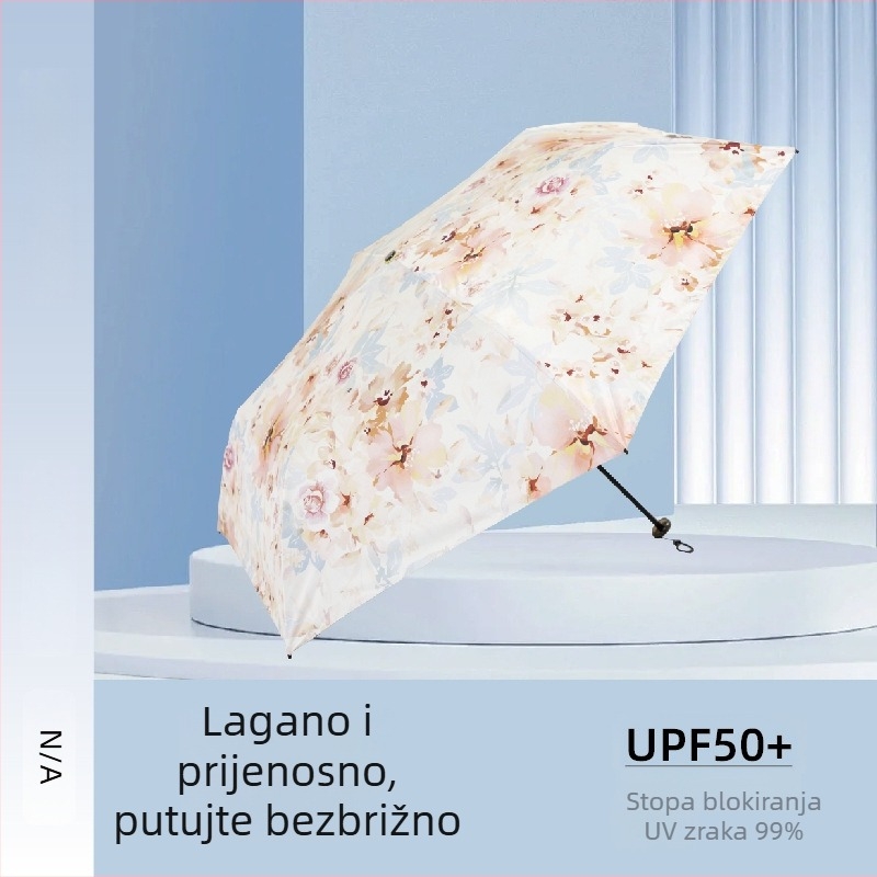 Ultra lagani kompaktni kišobran s UV zaštitom UPF50+, sklopivi tri-sekcijski dizajn, tkanina od vinila, okvir sa 6 rebara, aluminijski oslonac, plastični držač, za žene