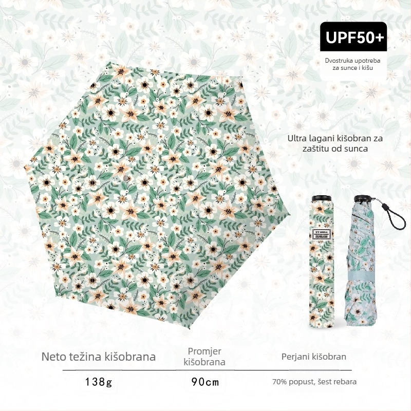Ultra lagani kompaktni kišobran s UV zaštitom UPF50+, sklopivi tri-sekcijski dizajn, tkanina od vinila, okvir sa 6 rebara, aluminijski oslonac, plastični držač, za žene