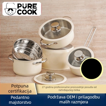 Set posuđa od nehrđajućeg čelika 304, bez premaza; uključuje lonac za juhu, lonac za mlijeko, lonac za paru i lonac za morsku hranu; poklopac od silikona i stakla; poklon kutija