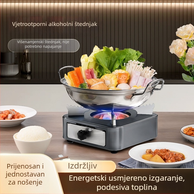 Set posuda od debelog nehrđajućeg čelika za suhi wok s prijenosnim alkoholnim štednjakom – za kućnu upotrebu, dom i vanjsku kuhinju.