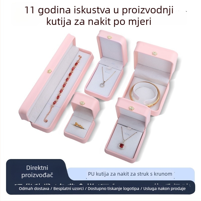 Ružičasta kutija za prsten s krunom, uska kutija za ogrlicu, vrhunsko pakiranje nakita