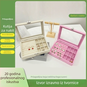 Kutija za nakit od baršuna s prozornim poklopcem za izlaganje prstena i ogrlica