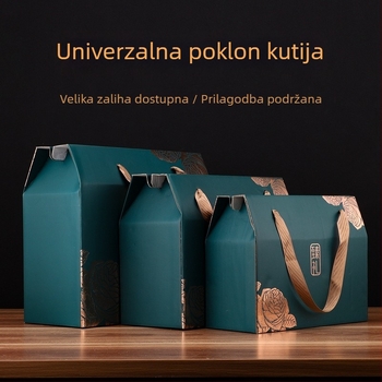 Šestodijelna poklon kutija za gurmanske namirnice: kolači, voće i orašasti plodovi, s zlatnom folijom