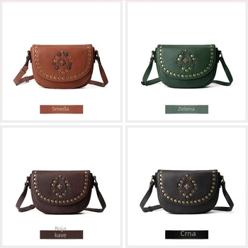 Torba u stilu sedla od prve sloje kože, riveti, ručno izrađeni ukrasi od kamenčića, retro crossbody za žene
