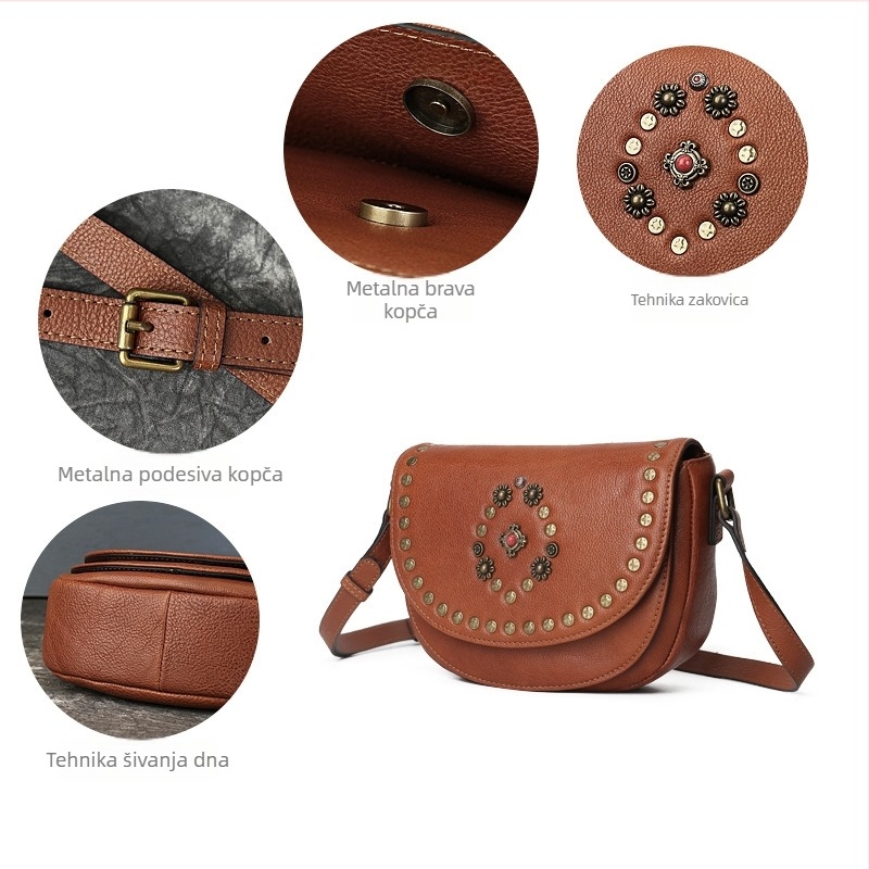 Torba u stilu sedla od prve sloje kože, riveti, ručno izrađeni ukrasi od kamenčića, retro crossbody za žene