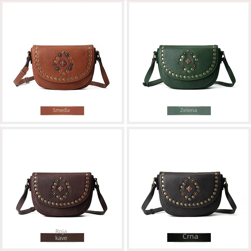 Torba u stilu sedla od prve sloje kože, riveti, ručno izrađeni ukrasi od kamenčića, retro crossbody za žene