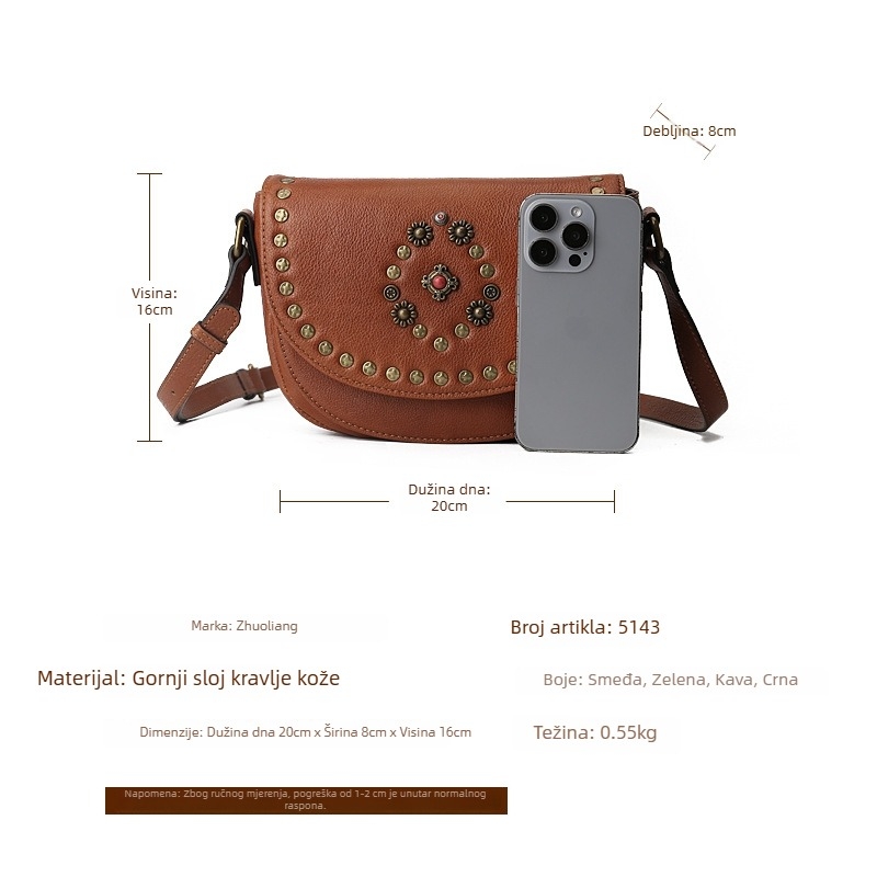 Torba u stilu sedla od prve sloje kože, riveti, ručno izrađeni ukrasi od kamenčića, retro crossbody za žene