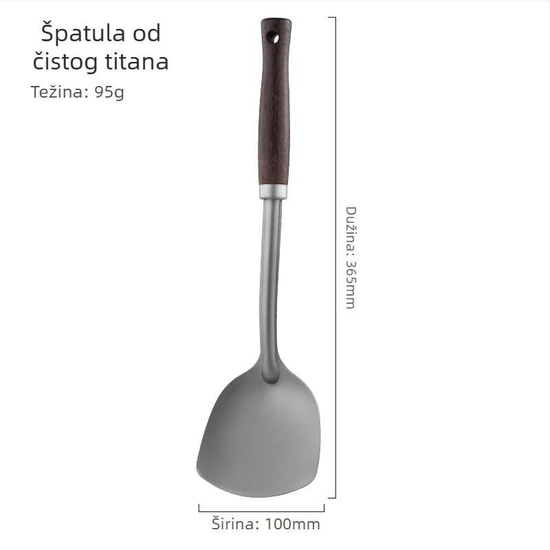 Set kuhinjskih alata od čistog titana s drvenom drškom: špatula za prženje, žlica s otvorima, žlica za juhu, četiri komada