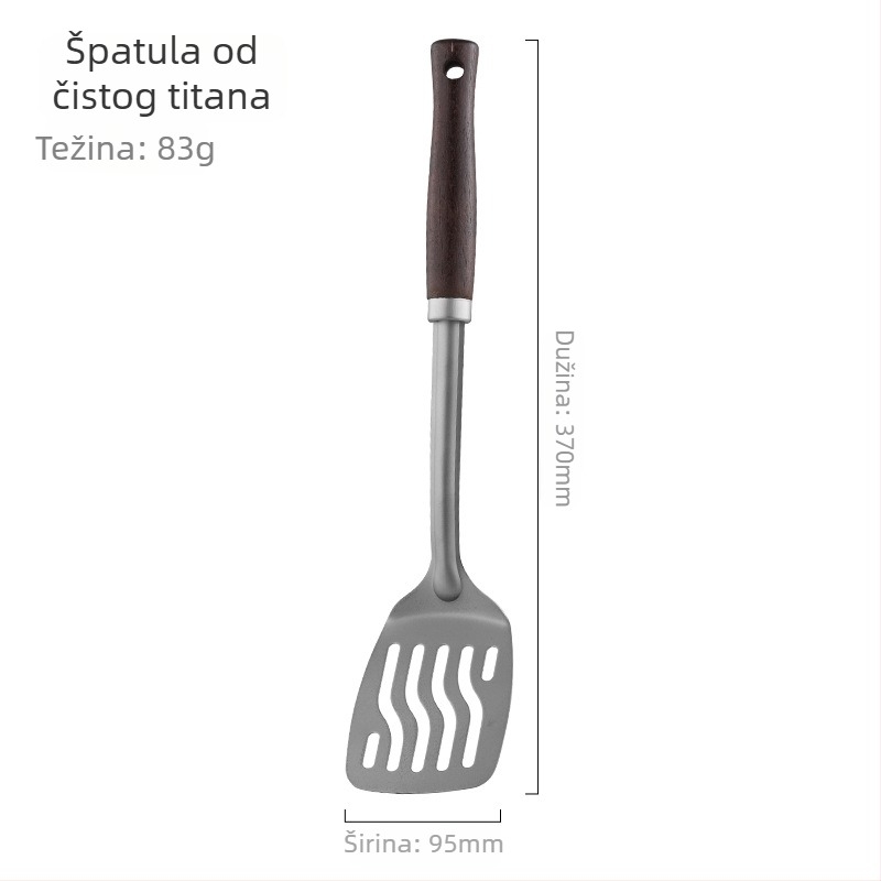 Set kuhinjskih alata od čistog titana s drvenom drškom: špatula za prženje, žlica s otvorima, žlica za juhu, četiri komada