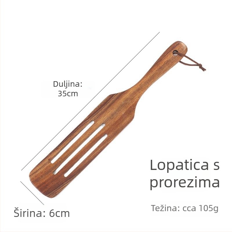 Set špatula od tikova drveta: spatula za steak, spatula za pizzu, kuhinjska spatula i spatula za miješanje krema i salate