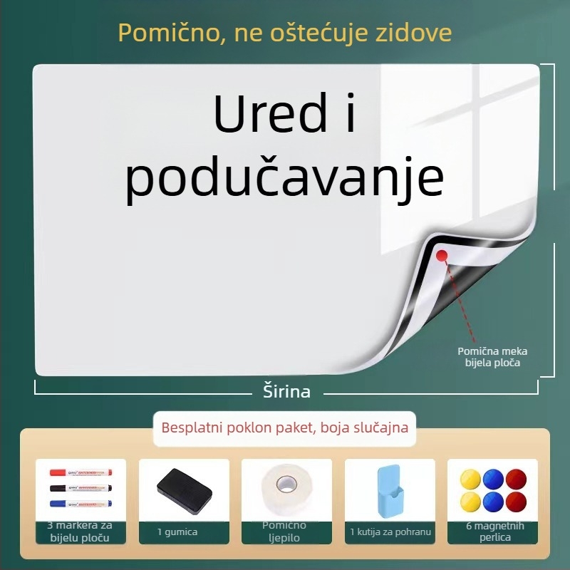 Odvojiva magnetska bijela ploča za zid, 60×90 cm; uredska i kućna upotreba, učenje i crtanje za djecu, ne oštećuje zid