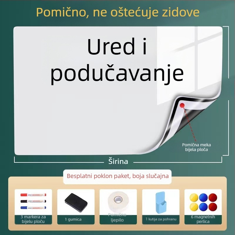 Odvojiva magnetska bijela ploča za zid, 60×90 cm; uredska i kućna upotreba, učenje i crtanje za djecu, ne oštećuje zid