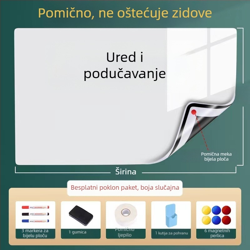Odvojiva magnetska bijela ploča za zid, 60×90 cm; uredska i kućna upotreba, učenje i crtanje za djecu, ne oštećuje zid