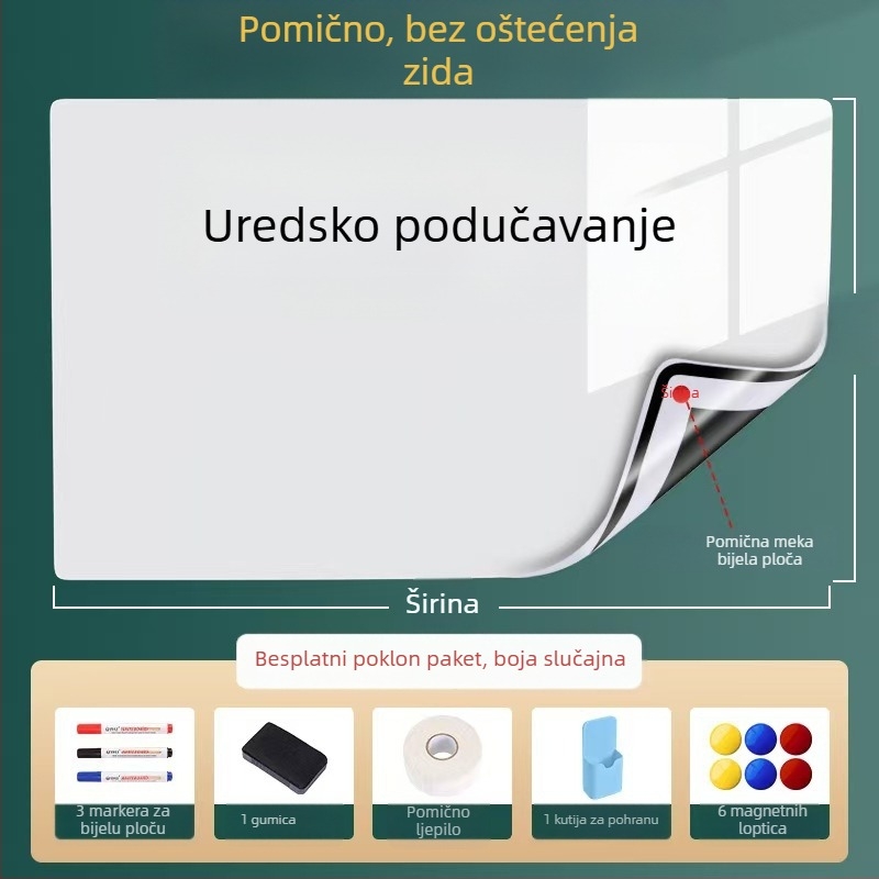 Odvojiva magnetska bijela ploča za zid, 60×90 cm; uredska i kućna upotreba, učenje i crtanje za djecu, ne oštećuje zid