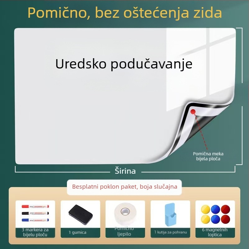Odvojiva magnetska bijela ploča za zid, 60×90 cm; uredska i kućna upotreba, učenje i crtanje za djecu, ne oštećuje zid
