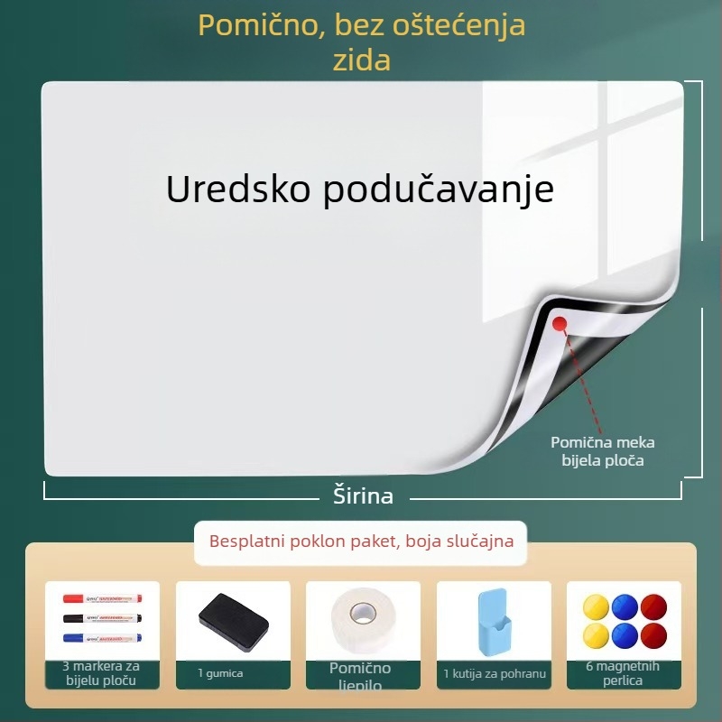 Odvojiva magnetska bijela ploča za zid, 60×90 cm; uredska i kućna upotreba, učenje i crtanje za djecu, ne oštećuje zid