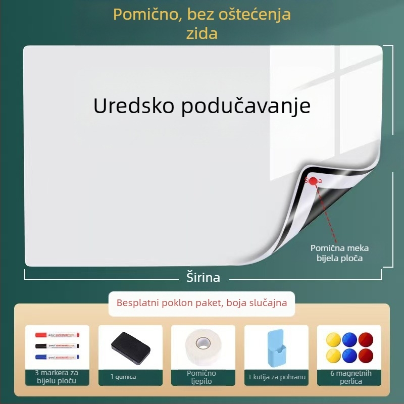 Odvojiva magnetska bijela ploča za zid, 60×90 cm; uredska i kućna upotreba, učenje i crtanje za djecu, ne oštećuje zid
