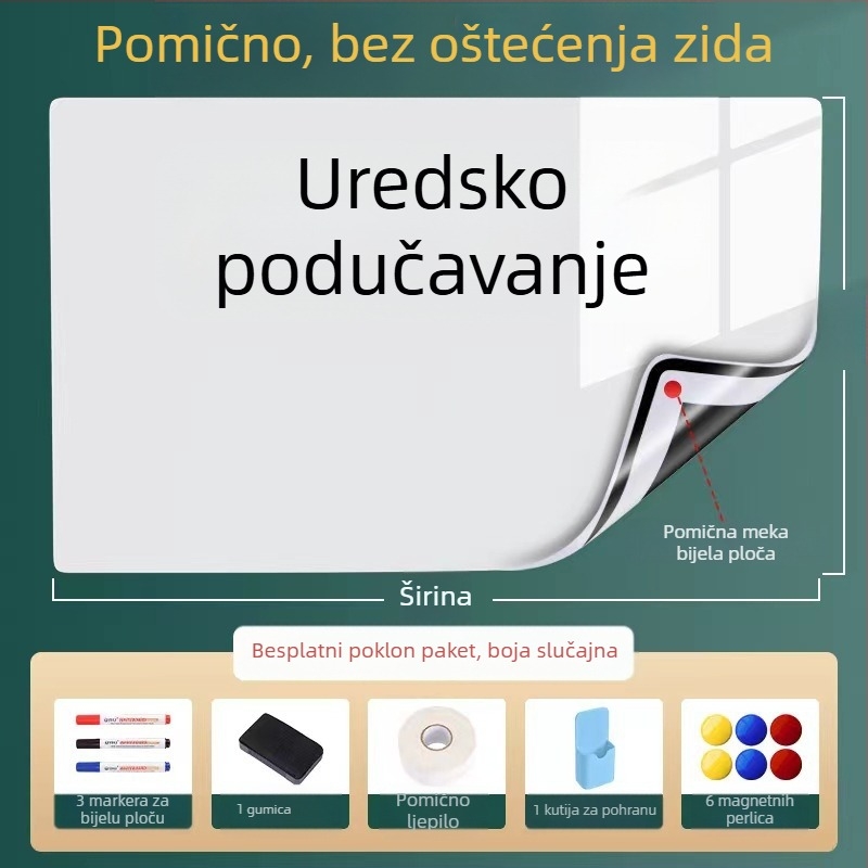 Odvojiva magnetska bijela ploča za zid, 60×90 cm; uredska i kućna upotreba, učenje i crtanje za djecu, ne oštećuje zid