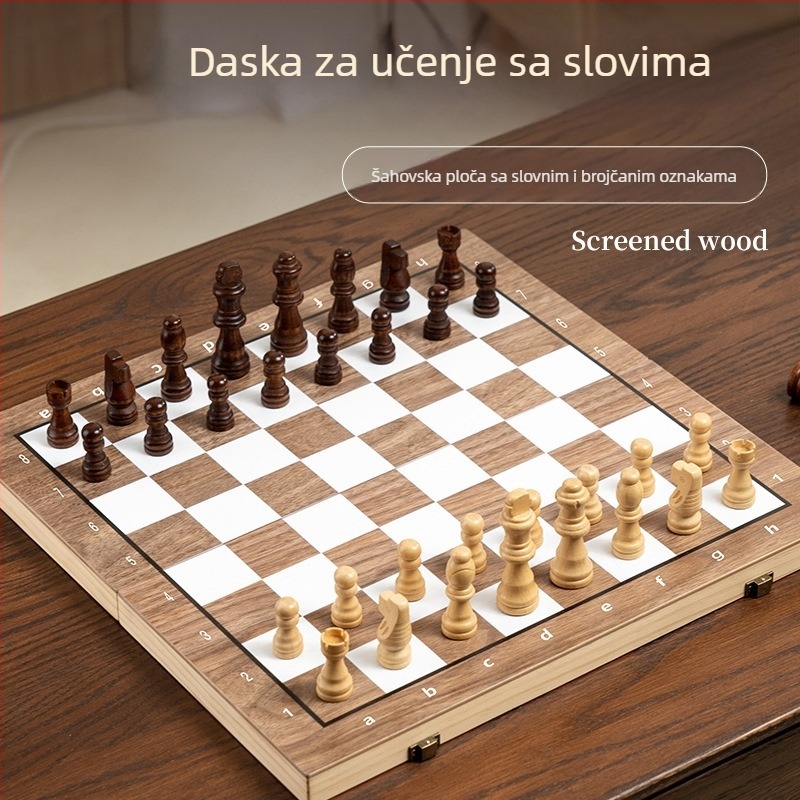 Dreveni 2-u-1 sklopivi šahovski set s zaobljenim kutovima i magnetskim figurama, obrazovna igračka za šah