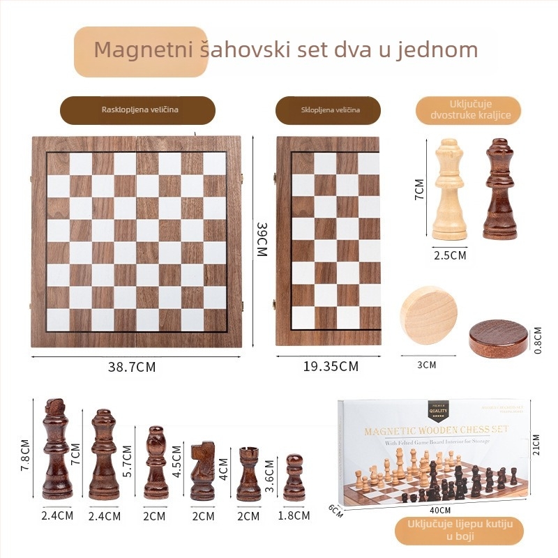 Dreveni 2-u-1 sklopivi šahovski set s zaobljenim kutovima i magnetskim figurama, obrazovna igračka za šah