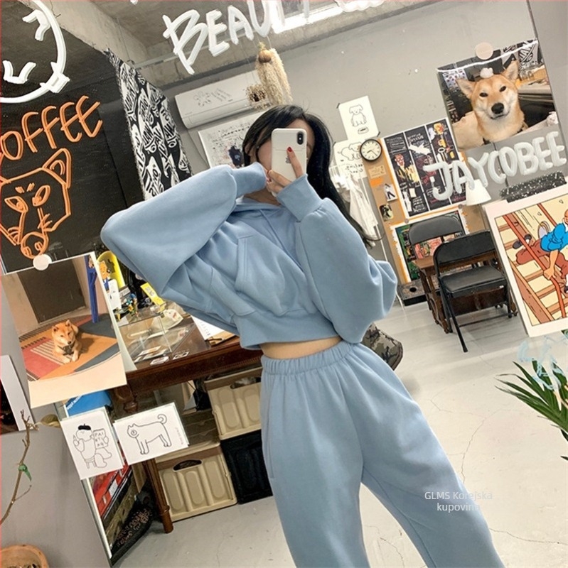 Ženski casual set u korejskom stilu s fleece podlogom: udoban komplet s hlačama i duksom