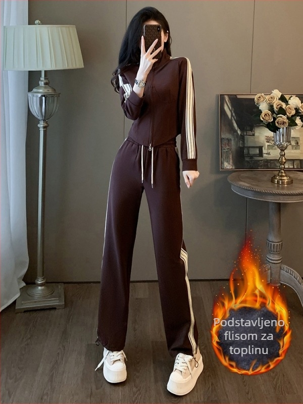 Ženski dvodijelni sportski set: cropped hoodie s fleeceom i široke ravne hlače, 2025 jesen-zima