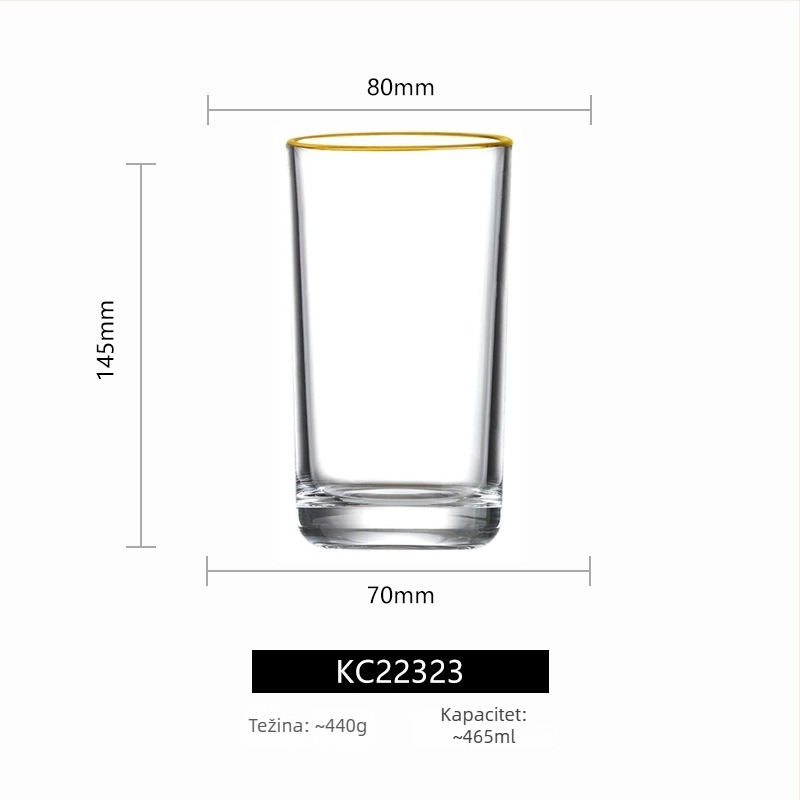 Set staklenih čaša s pozlaćenim rubom i uspravnim prugama, velikog formata — čaša za viski, čaša za crveno vino, čaša za pivo i čaša za vodu