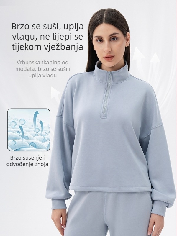 Ženski modalni džemper za jogu za jesen/zimu, opušten kroj sa stojećim ovratnikom za trčanje i fitness