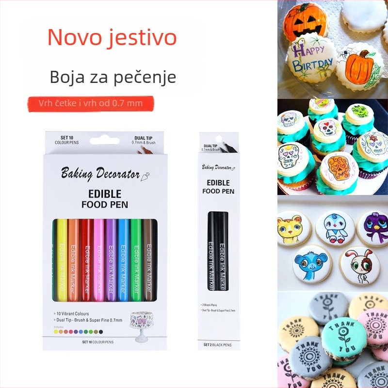 Dvostruko pigmentno pero za hranu, 0,7 mm vrh i četkasti vrh za tanke linije, za ukrašavanje torti