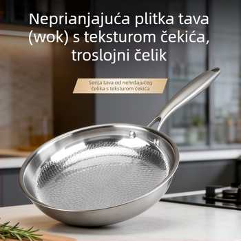 Tava od nehrđajućeg čelika 304, s udubljenom teksturom, bez premaza, trostruka čelična konstrukcija, za jaja, steak i prženje