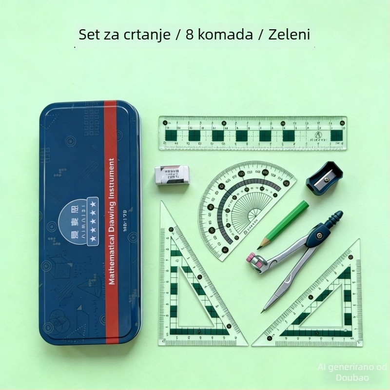 Set kompasa i ravnala u metalnoj kutiji za učenike