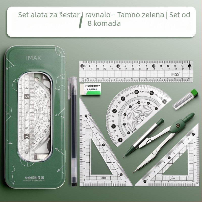 Set kompasa i ravnala u metalnoj kutiji za učenike
