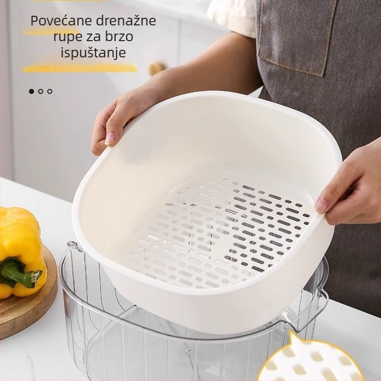 Dvostruka odvodna i posuda za pranje povrća i voća, kuhinjska posuda za pranje i cijeđenje, filtr vode od čvrstog plastika, alat za ispiranje riže