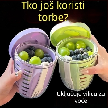 Prijenosna čašica za ocjeđivanje voća s vilicom – kvalitete hrane, dvostruka odvodna košarica, za vanjska putovanja i ured