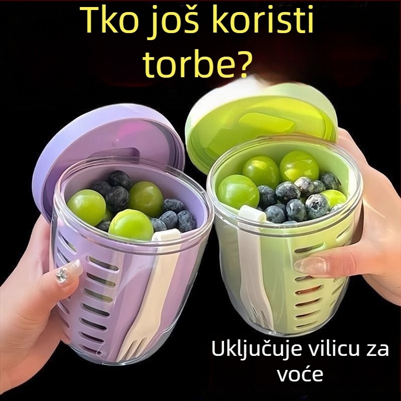 Prijenosna čašica za ocjeđivanje voća s vilicom – kvalitete hrane, dvostruka odvodna košarica, za vanjska putovanja i ured