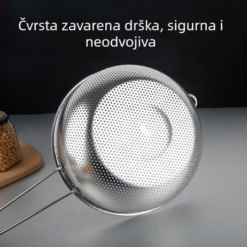 Nehrđajući čelični višenamjenski posuda s jednom ručkom, gusto perforirana, odvod vode i masnoće; za pranje voća i povrća u kuhinji i pranje riže.