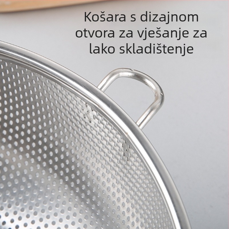 Nehrđajući čelični višenamjenski posuda s jednom ručkom, gusto perforirana, odvod vode i masnoće; za pranje voća i povrća u kuhinji i pranje riže.