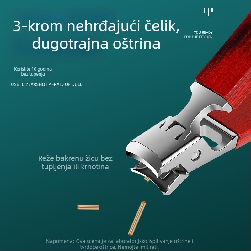 Klešta za nokte s drvenom drškom i širokim otvorom, namijenjena kućnoj uporabi, za debele i tvrde nokte