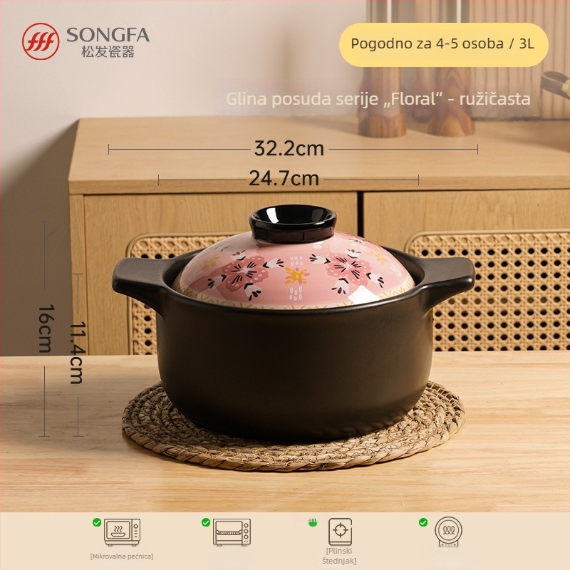 Porcelanski glineni lonac za plinski štednjak – juha, gulaš, kaša i riža, kapacitet 2,1–4 L